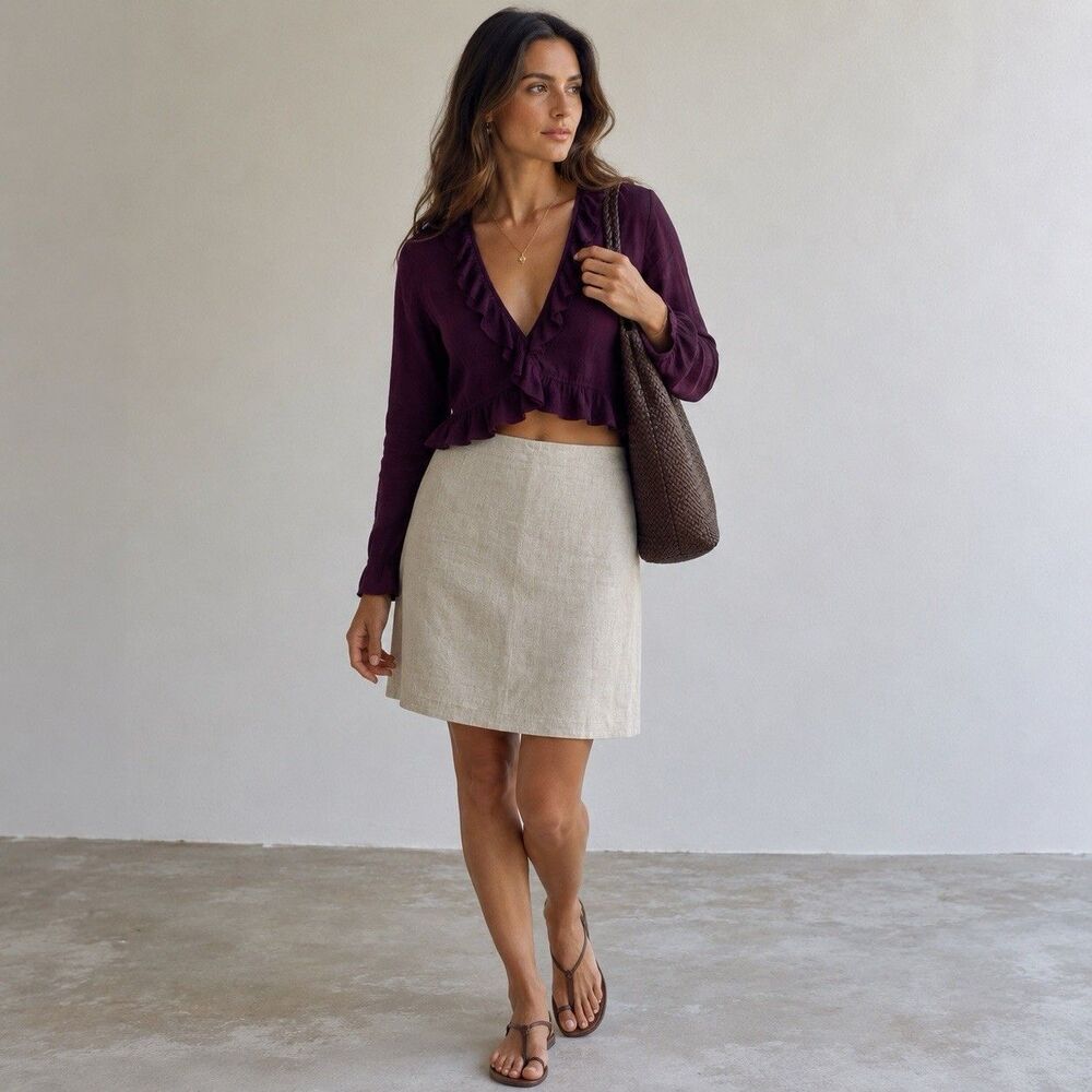 Moda Int'l Vtg Beige Linen Blend Mini Skirt Classic Minimalist Career Sz 8